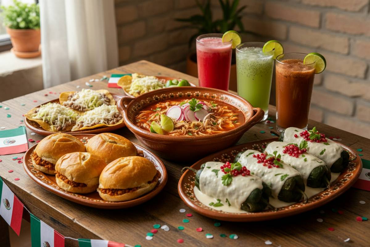 Pozole chiles en nogada tostadas and aguas frescas for Mexican Independence Day