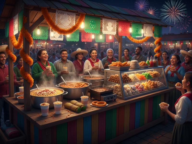 Esquites tamales and Mexican sweets at a September street food stand