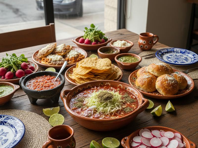 Pozole with tostadas and pambazos on a Mexican Independence Day table