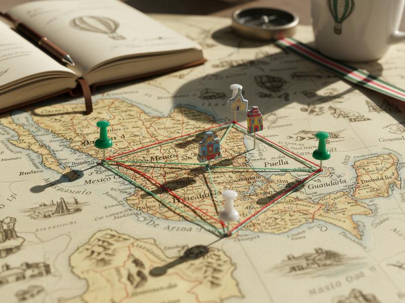 Travel map with Mexico City Dolores Hidalgo Puebla Guanajuato and Guadalajara marked for Independence Day