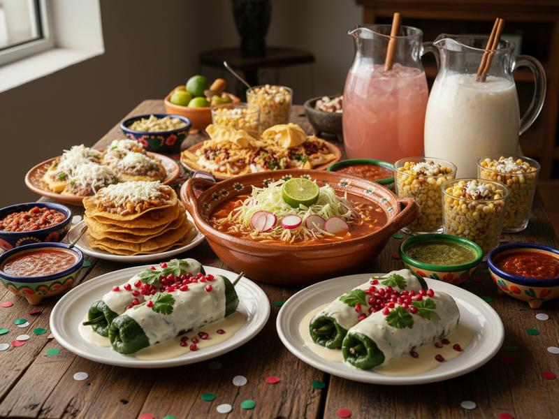 Table with pozole chiles en nogada tostadas and agua fresca for Mexican Independence Day