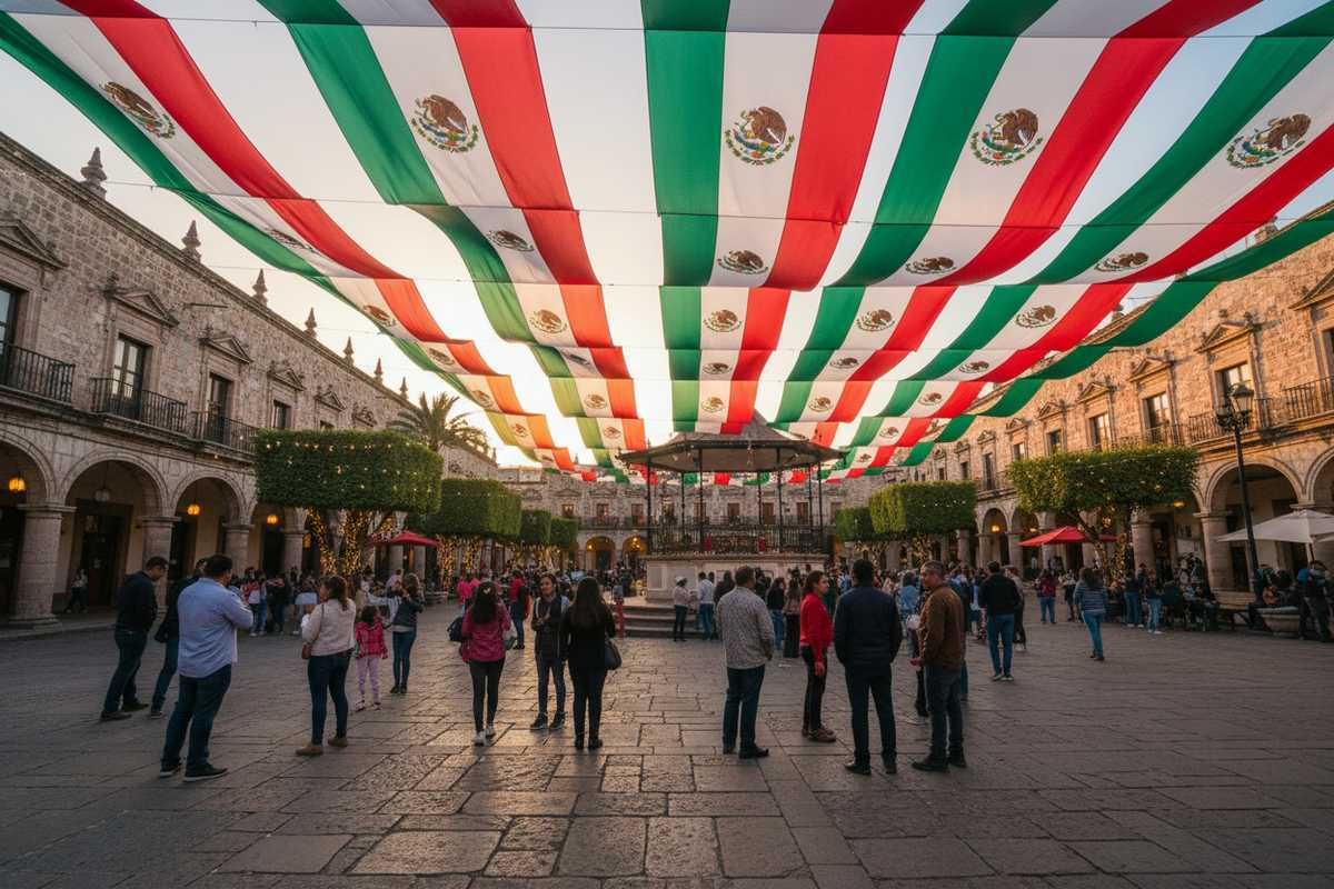 Mexican flags strung above a colonial plaza before Independence Day in Mexico