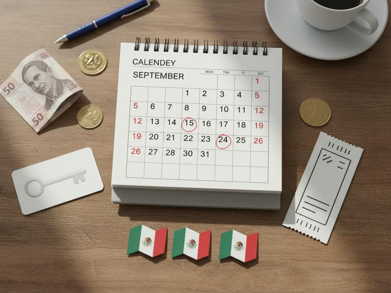 September calendar with Mexican flag colors and travel notes for September 15 and 16