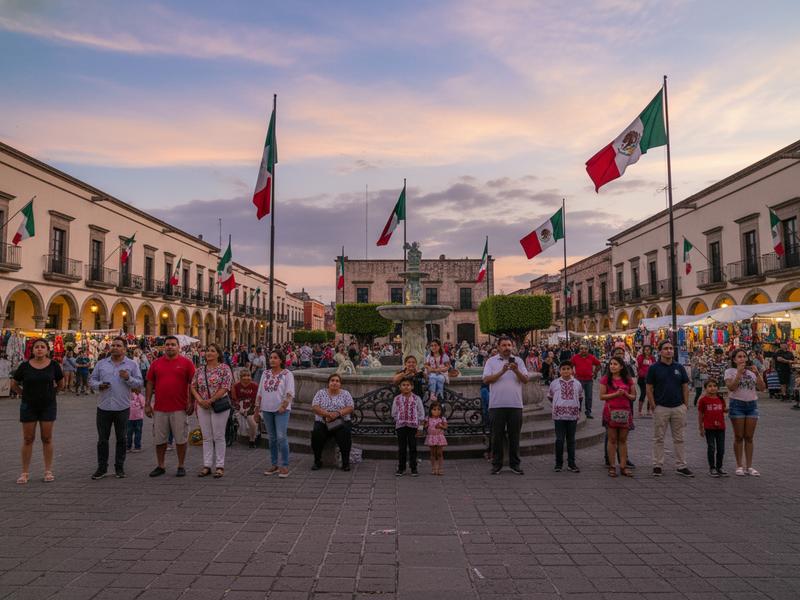 Crowd gathered calmly in a Mexican plaza with flags before Independence Day fireworks