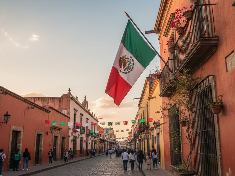 Mexican flag waving above a hotel balcony before September 15 celebrations