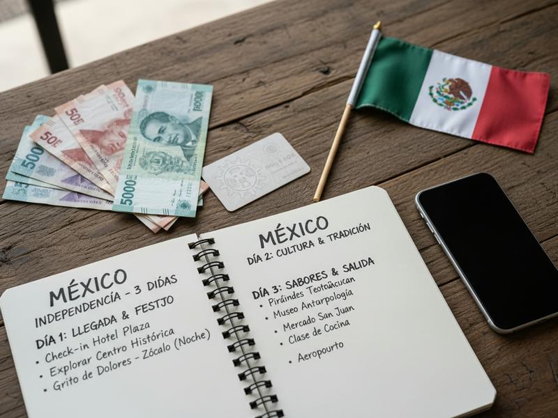 Open notebook beside pesos and small Mexican flags on a cafe table
