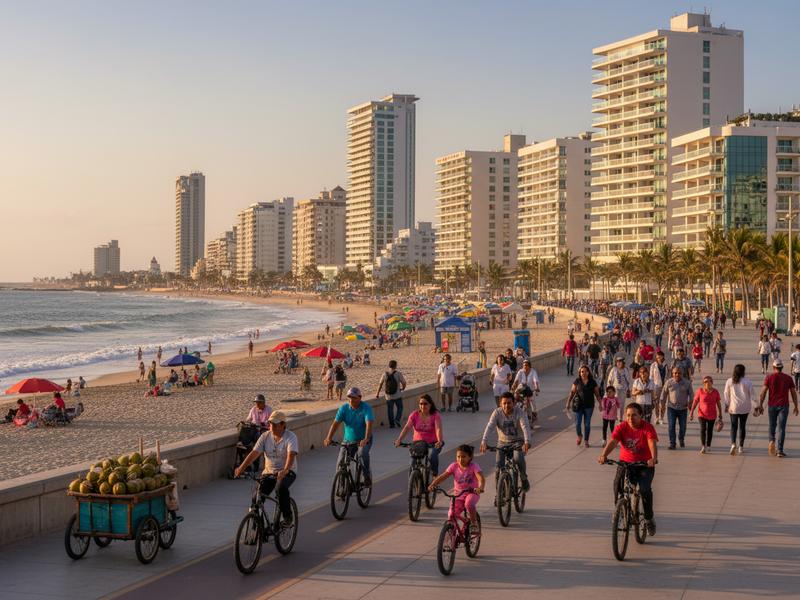 Mazatlan Golden Zone beach with the famous long malecon boardwalk and Pacific Ocean stretching to horizon