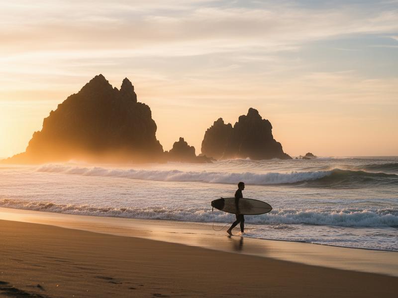Wild Oaxaca Pacific coast with surfers on beach and powerful waves breaking against dramatic cliffs