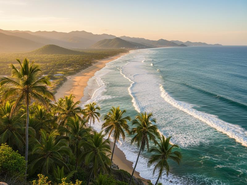 Aerial view of Mexico's Pacific coastline where Sierra Madre mountains meet the ocean with a crescent bay and golden beach