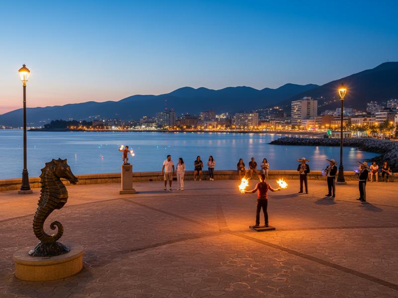 Puerto Vallarta Malecon boardwalk at golden hour with the Bay of Banderas and church of Our Lady of Guadalupe visible