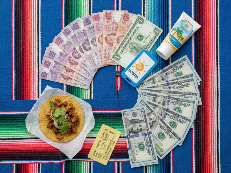 Daily cost chart with accommodation, meals, transport, and activities adding up to 50 dollars