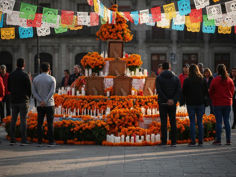 Marigold decorations and public ofrendas in Mexico City during race weekend