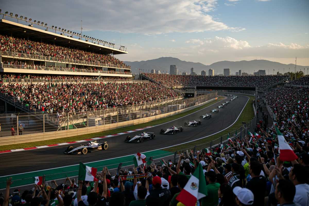 Formula racing cars entering the stadium section at the Mexico City Grand Prix
