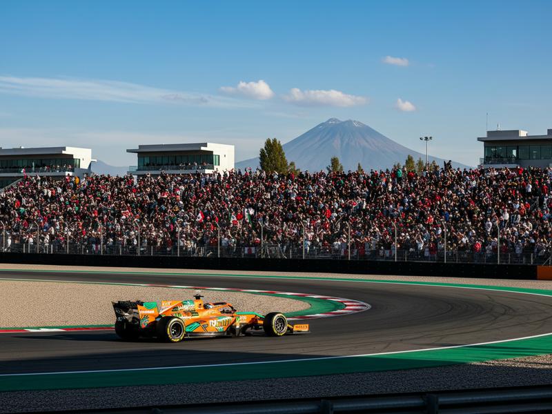 Race fans watching cars through the stadium section of Autodromo Hermanos Rodriguez