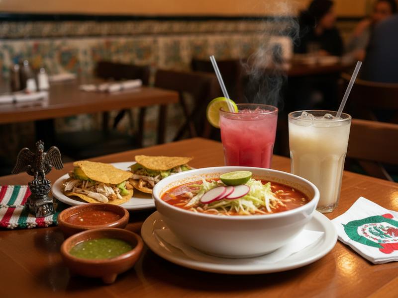 Mexico City restaurant table with pozole tostadas and Mexican flag colors before Independence Day