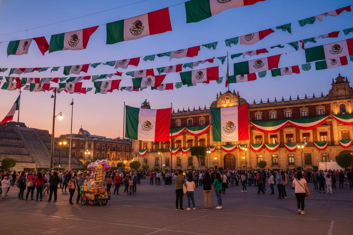 Mexico City Zócalo decorated with flags before Independence Day celebrations
