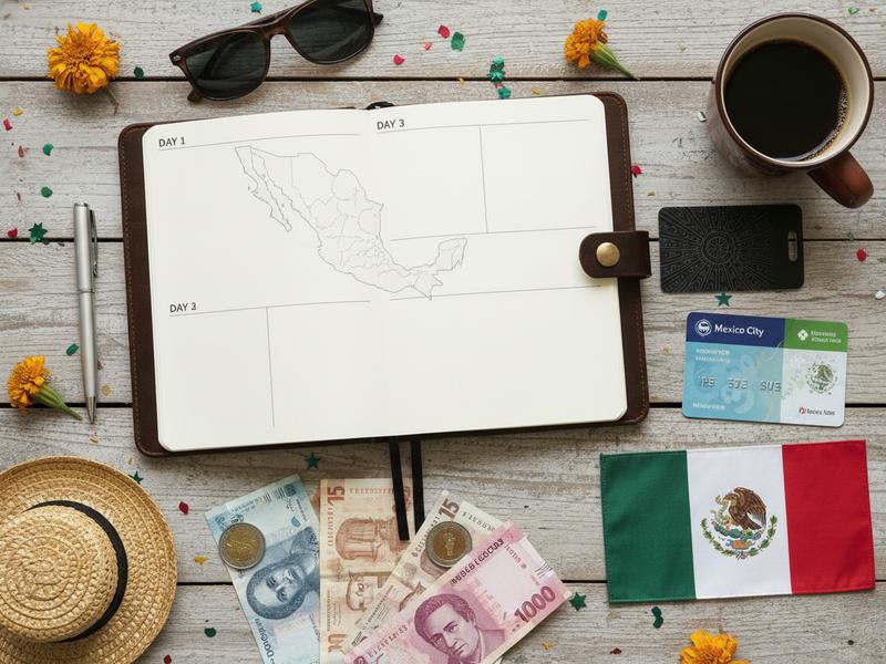 Open notebook beside a hotel key and small tricolor decorations on a table