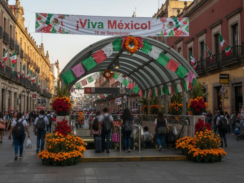 Mexico City Metro entrance near flags during September travel season