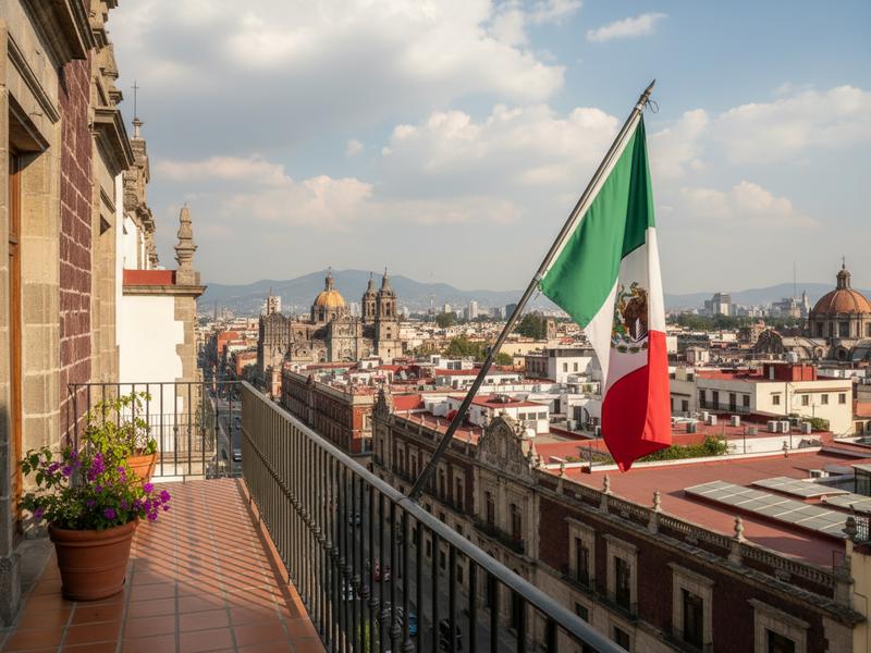 Hotel balcony near Mexico City historic center with small Mexican flag decoration