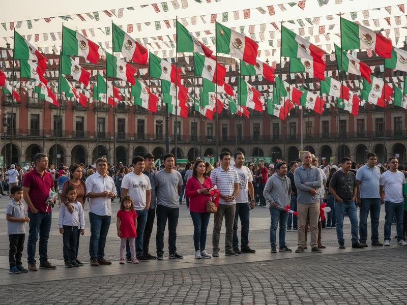 Travelers standing at edge of a Mexico City plaza crowd with flags before Independence Day