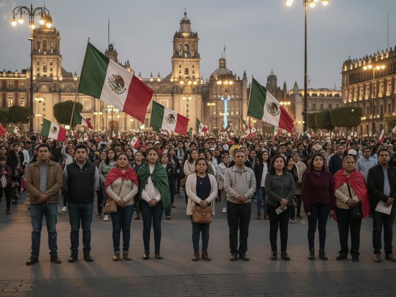 Mexico City Zócalo crowd gathering before El Grito with flags and evening lights