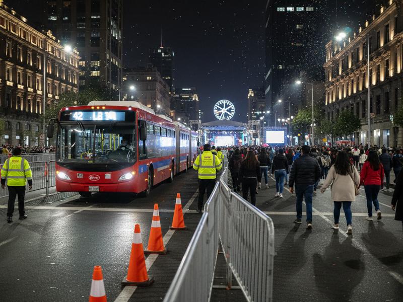 Metrobus and pedestrians near a closed Paseo de la Reforma on New Year’s Eve