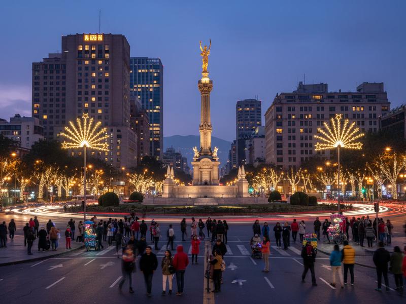 Paseo de la Reforma lit at night near hotels restaurants and the Angel of Independence