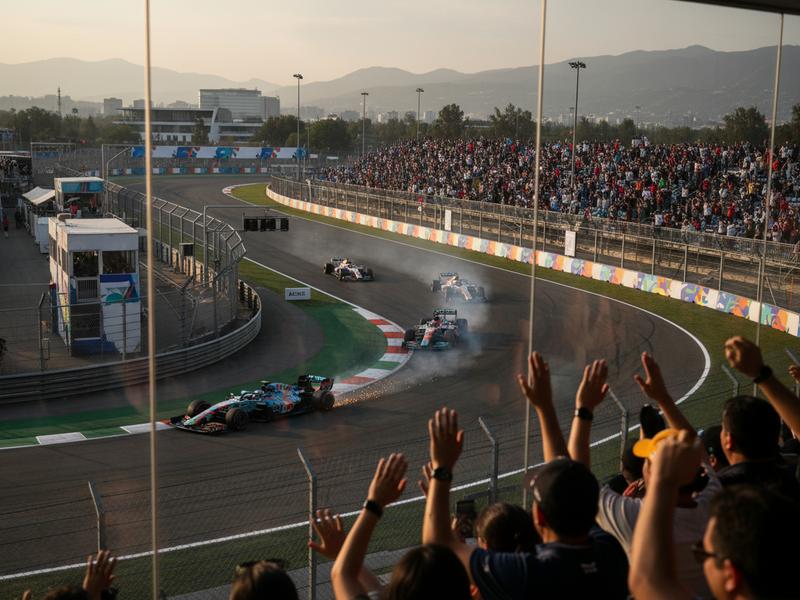 Spectators comparing sightlines from a Mexico City race circuit grandstand