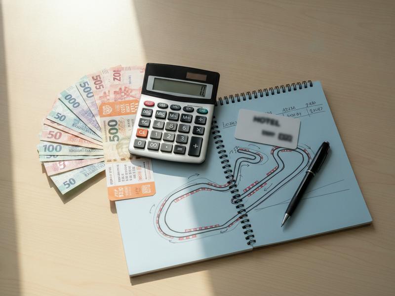 Notebook calculating Mexico Grand Prix ticket fees hotel and travel budget