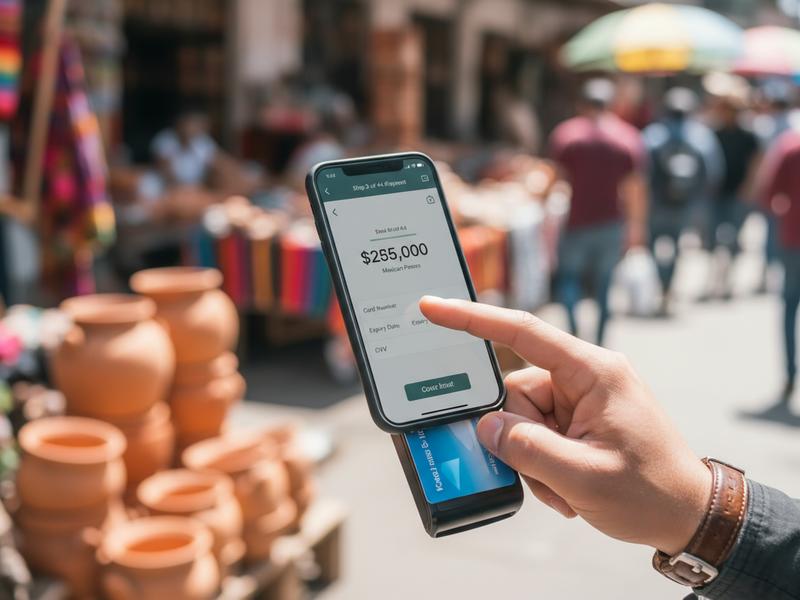 International traveler completing a secure Mexico Grand Prix mobile ticket purchase