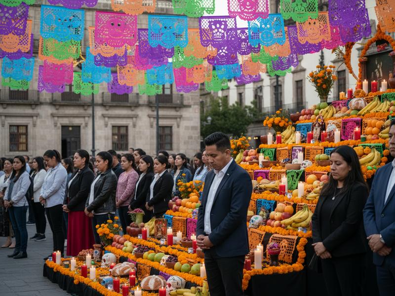 Visitors respectfully viewing a public Mexico City ofrenda on November 2