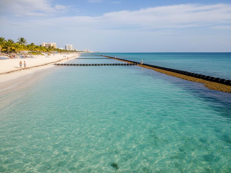 Clear blue water on a protected Cancun Hotel Zone beach during summer