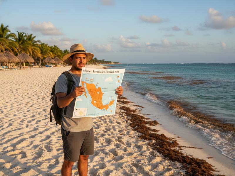 Traveler checking a Mexico sargassum map beside a Caribbean beach