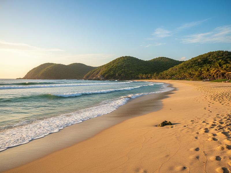 Pacific Mexico beach with clean sand and green summer hills