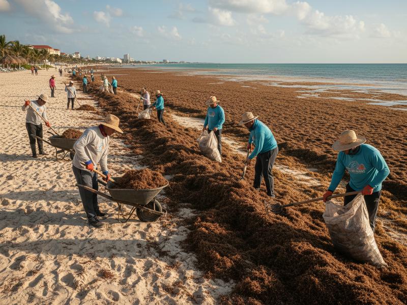 Beach crew removing sargassum from sand in Playa del Carmen Mexico