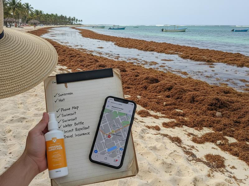 Mexico beach trip planning checklist with sunscreen hat and phone map