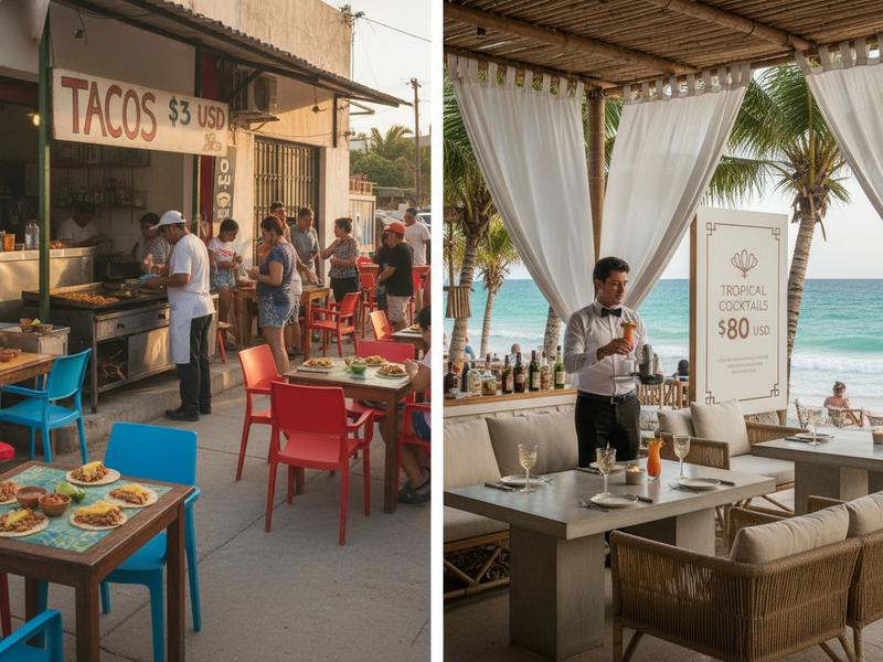 Split image comparing three-dollar street tacos and an eighty-dollar Tulum seaside meal