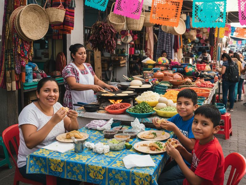 Family eating tacos and quesadillas at a colorful market food stall