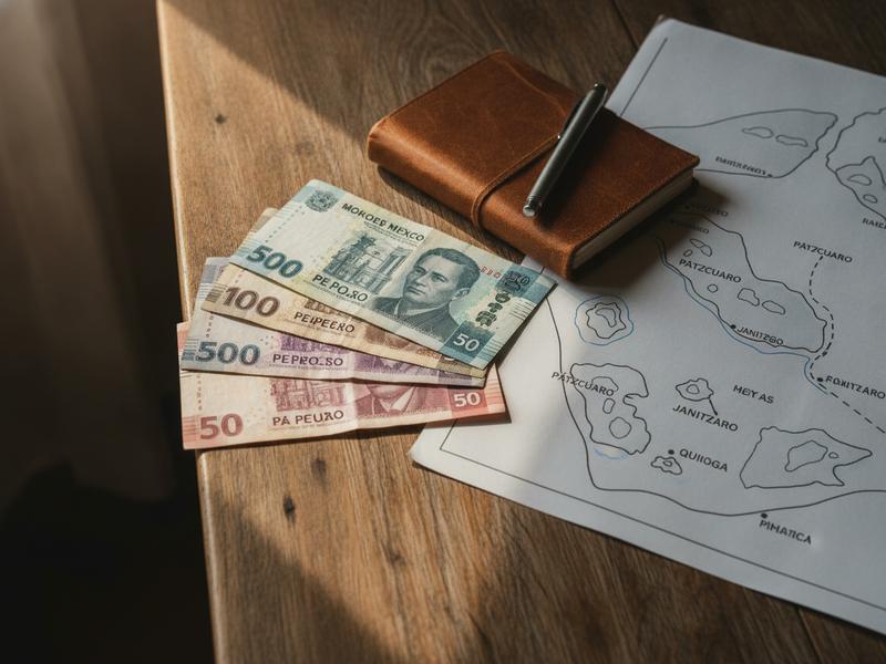 Mexican pesos notebook and Lake Pátzcuaro route map on a hotel table