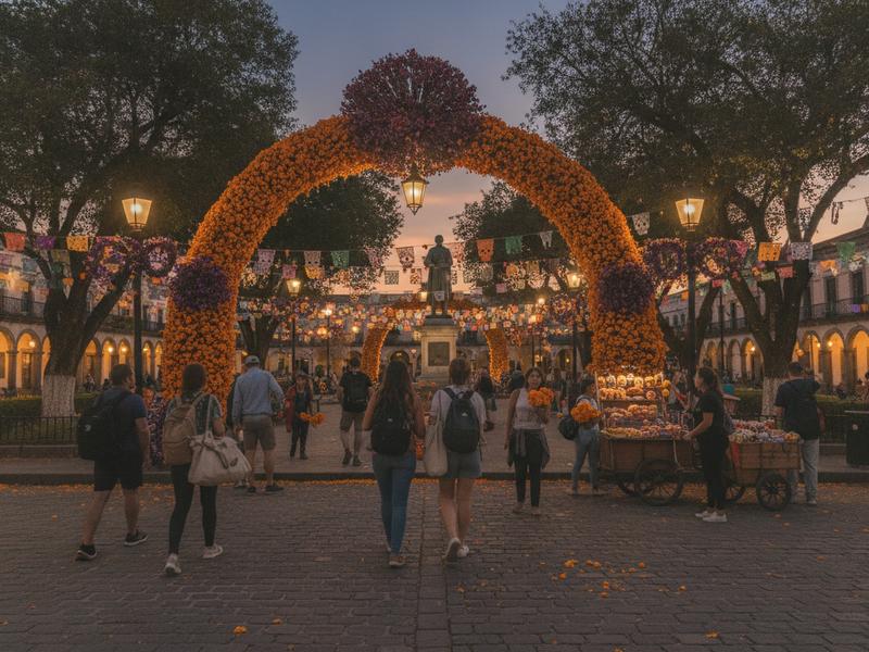 Evening arrival at Plaza Vasco de Quiroga in Pátzcuaro before Day of the Dead