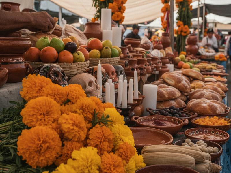 Cempasúchil flowers pottery and food at a Pátzcuaro Day of the Dead market