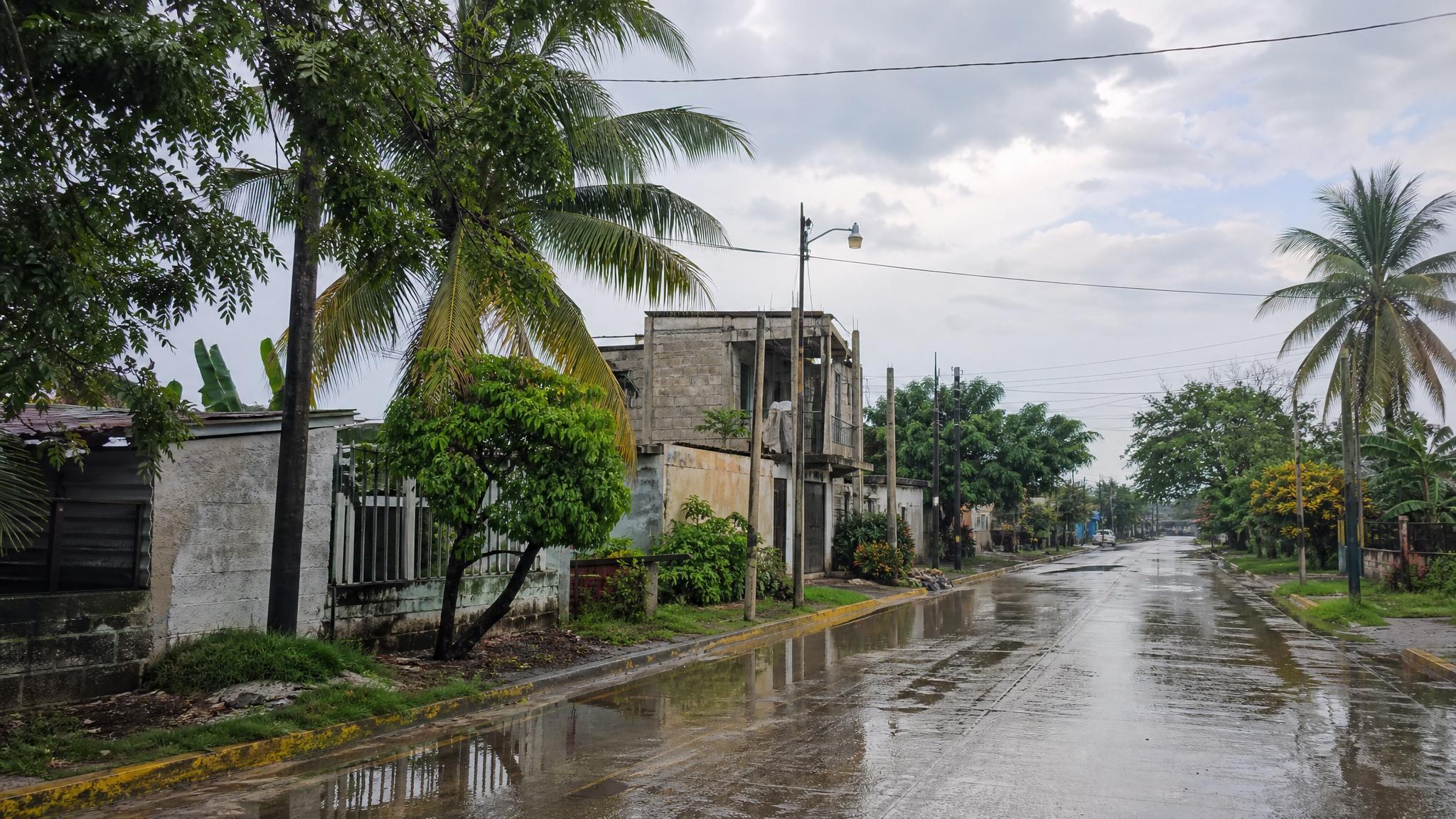 Wet Minatitlan street after August rain in southern Veracruz