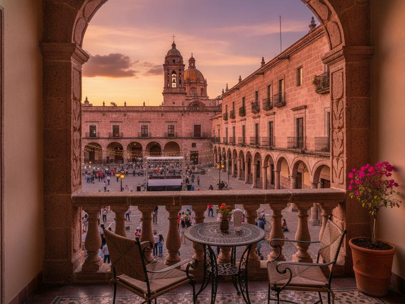 Hotel balcony overlooking Morelia Centro during the international film festival