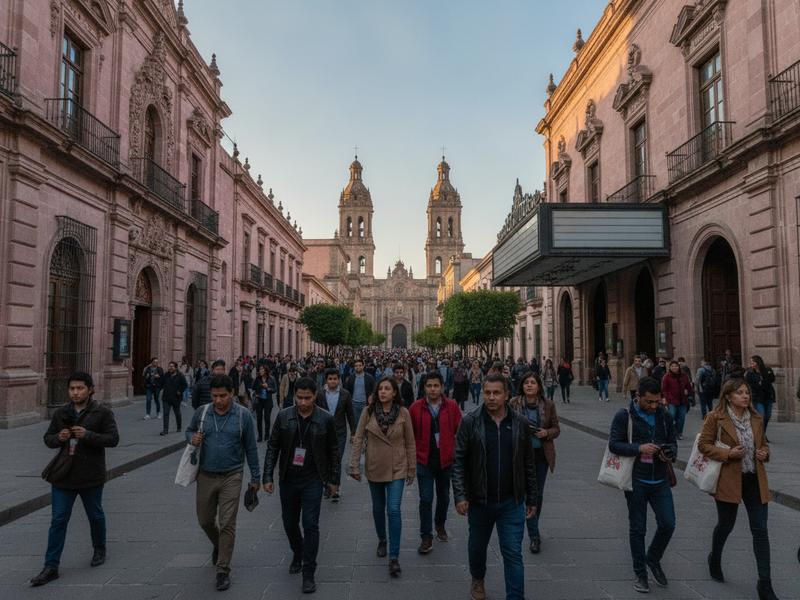 Film festival visitors walking through Morelia Centro between screening venues