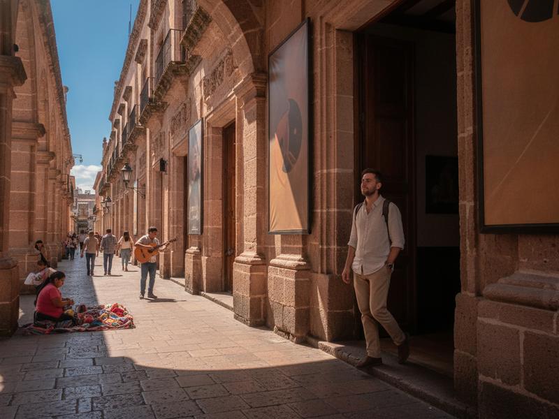 Festival visitor walking from a Mexican film screening into Morelia Centro