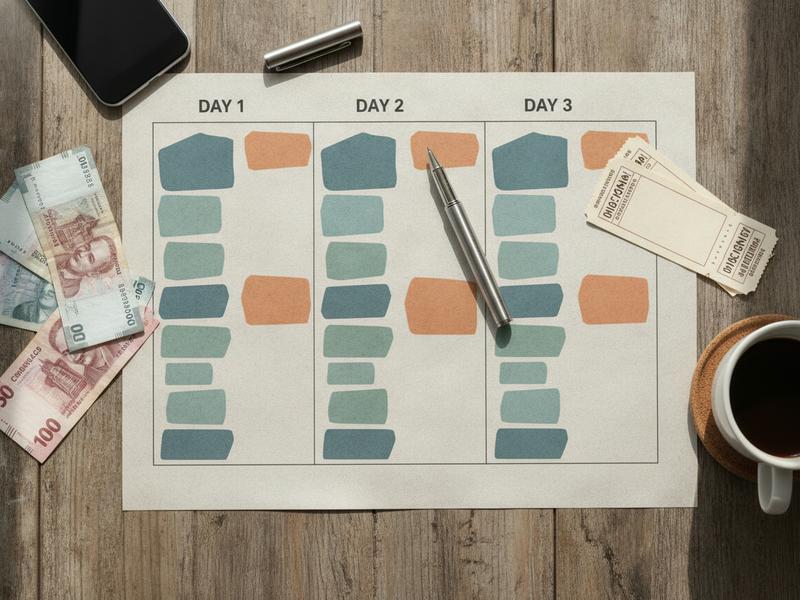 FICM schedule tickets and peso notes arranged for a three-day travel budget