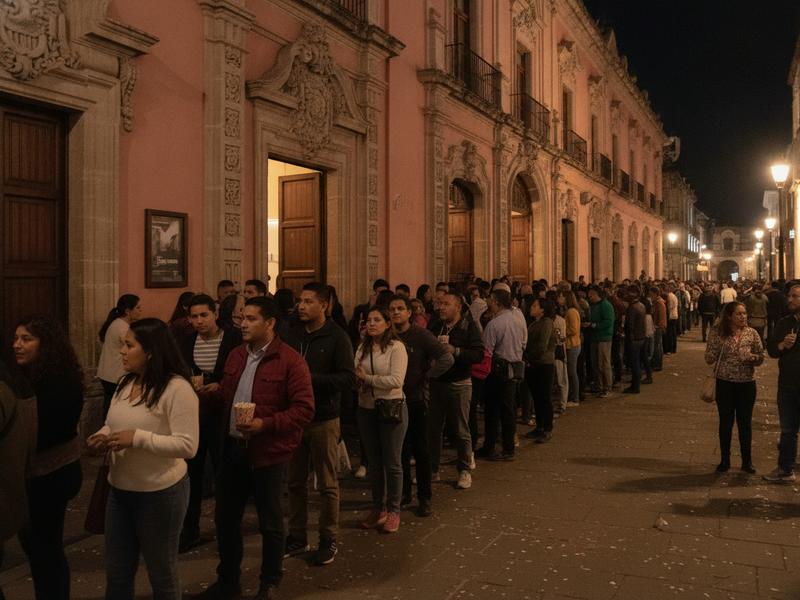 Orderly last-minute line before an evening FICM screening in Morelia Centro