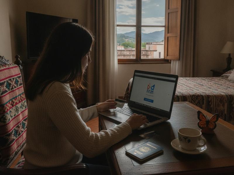 International traveler completing an FICM online ticket purchase in a hotel room