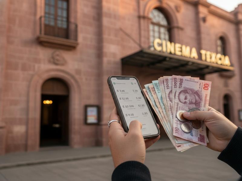 Traveler comparing FICM screening prices on a phone outside a Morelia cinema