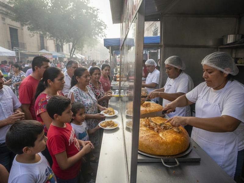 Vendors serving sliced mucbipollo at the San Sebastián fair in Mérida